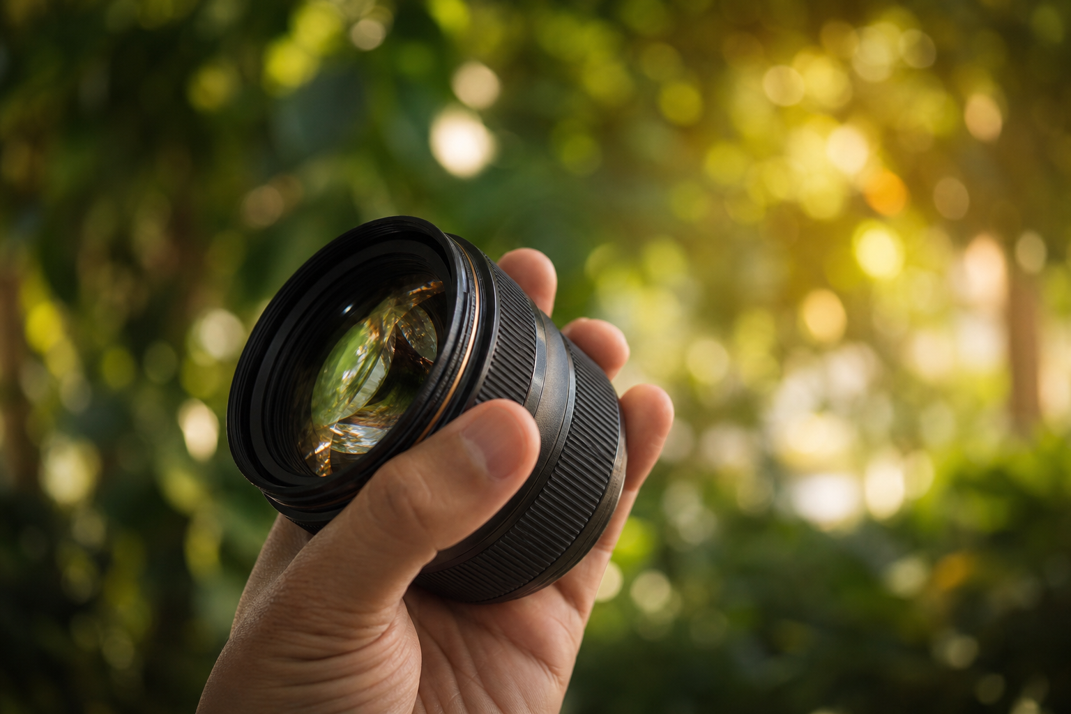 Close Up Hand Holding Camera Lens