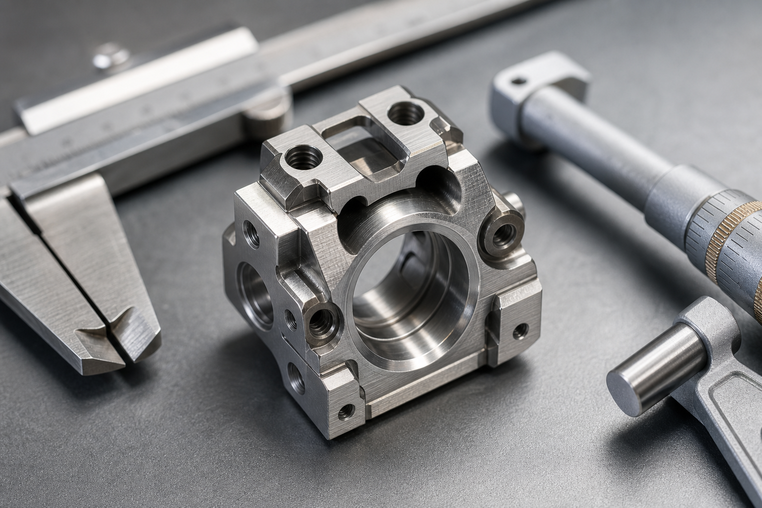 Close Up Machine Part with Measuring Tools