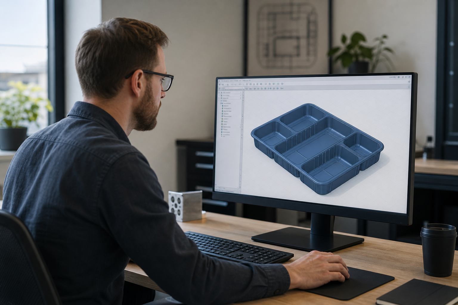 Design Engineer with 3D Tray Blueprint on Monitor