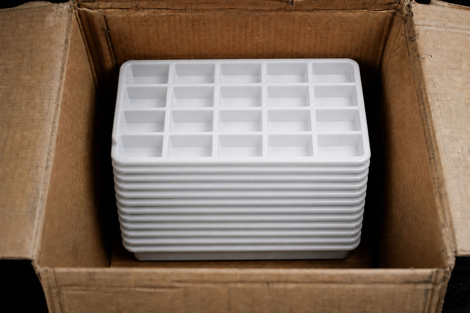 Stacked Plastic Trays in Grid Pattern