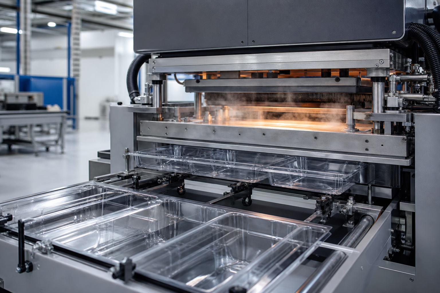 Thermoforming Machine Creating Transparent Plastic Trays